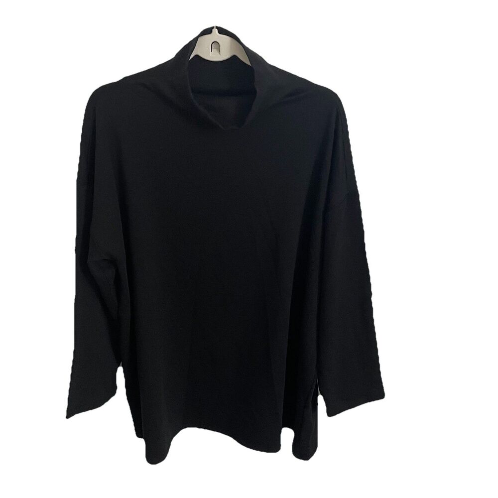 Eileen Fisher Sweater Large Black Mock Neck Organic Cotton Boxy Minimalist